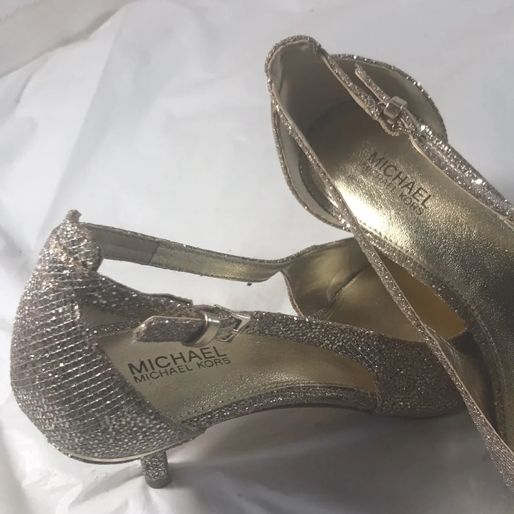 Michael Kors Elegant Sparkly Metallic Gold Women's Adjustable Kitten Heel Pumps